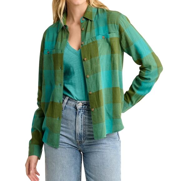 Pendleton Green Blue Plaid Adley Linen Blend Button Down Long Sleeve Shirt sz L - Picture 1 of 10